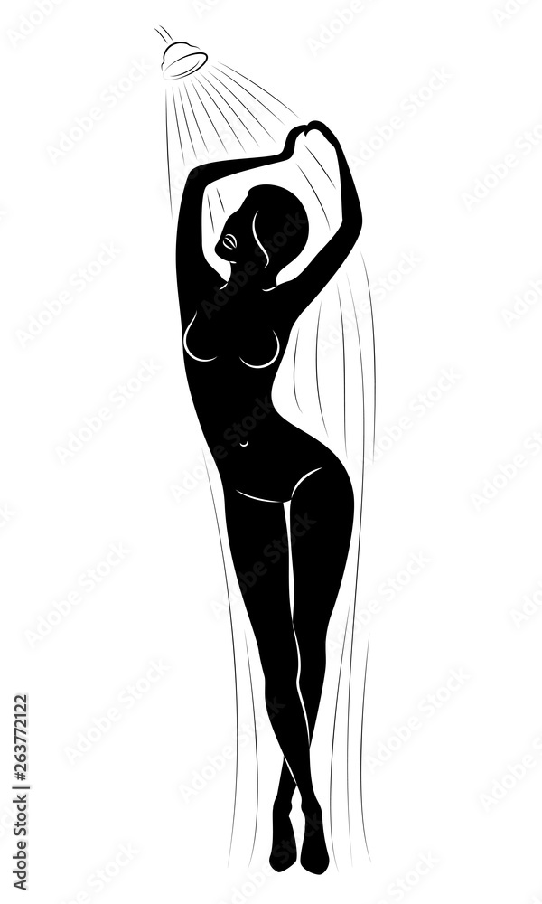 Silhouette of a cute lady. The girl washes in the shower. The woman has a beautiful slim figure. Vector illustration. Silhouette of a cute lady. The girl washes in the shower. The woman has a beautiful slim figure. Vector illustration.