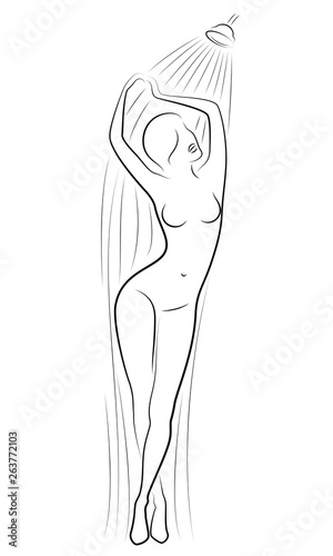Silhouette of a cute lady. The girl washes in the shower. The woman has a beautiful slim figure. Vector illustration.