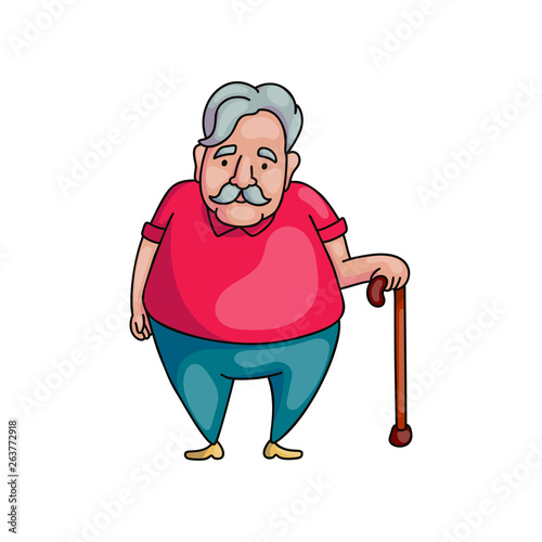 Senior fat old man with grey hair in wood walking stick