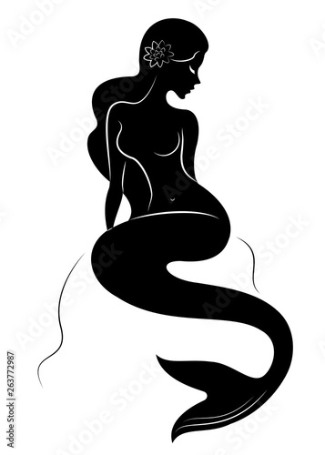 Silhouette of a fairy mermaid. Beautiful girl is sitting on a rock. The lady is young and slender. Vector illustration