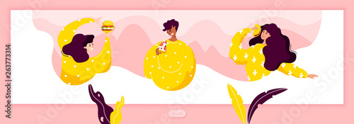 Young people eat different fast food products on pink background. Vector banner in flat linear style.