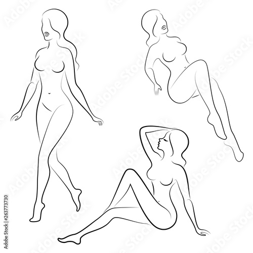 Collection. Silhouette of a sweet lady, she sits and stands. The girl has a beautiful nude figure. A woman is a young sexy and slender model. Set of vector illustrations