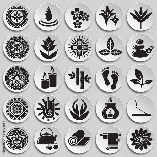 Yoga related icons set on plates background for graphic and web design. Simple vector sign. Internet concept symbol for website button or mobile app.