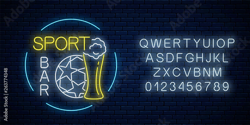 Glowing neon sport bar sign with alphabet. Soccer ball with glass of beer as pub with live sport broadcast signboard.