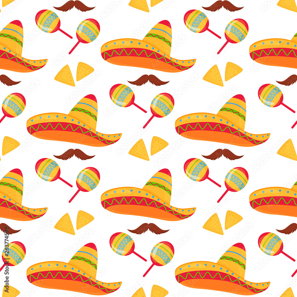 Cinco de Mayo. 5th of May. Mexican sombrero, nachos, mustache and maracas seamless pattern.
