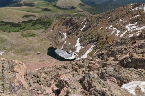 scenic view of Frozen Lake from the summit of Mount Bierstadt in Rocky Mountains (Clear Creek County, Colorado, USA) photo