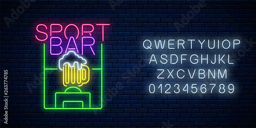 Glowing neon sport bar concept with alphabet. Soccer field with glass of beer as pub with live sport broadcast signboard