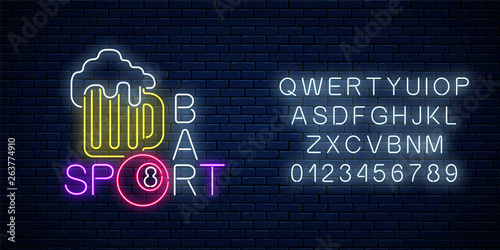 Glowing neon sign of bar with billiards, beer and billiard ball with alphabet . Signboard of pub with pool table