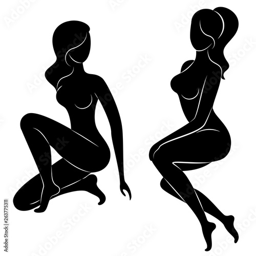 Collection. Silhouette of a sweet lady, she is sitting. The girl has a beautiful nude figure. A woman is a young sexy and slender model. Vector illustration set.