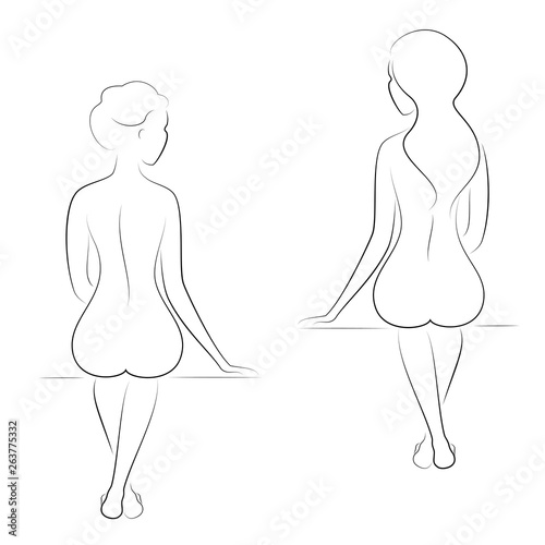 Collection. Silhouette of a sweet lady, she is sitting. The girl has a beautiful nude figure. A woman is a young sexy and slender model. Vector illustration set.