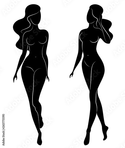 Collection. Silhouette of a sweet lady. The girl has a beautiful nude figure. A woman is a young sexy and slender model. Set of vector illustrations