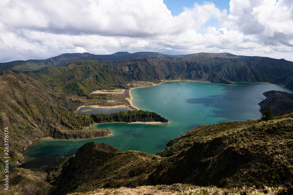 Great view of lake in the mountain. Dramatic and picturesque scene. Ponta Delgada. Sao Miguel. Azores island