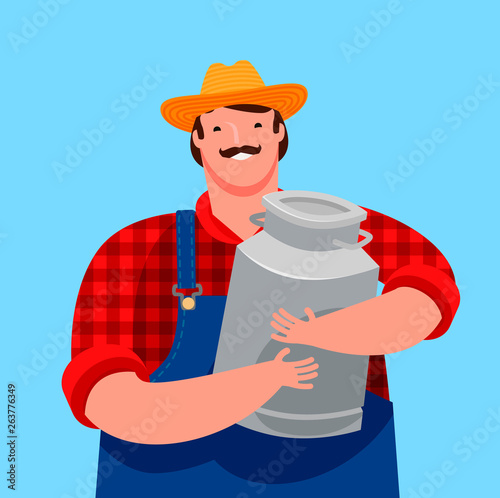 Happy farmer holding a big milk can. Dairy farm, cartoon vector illustration