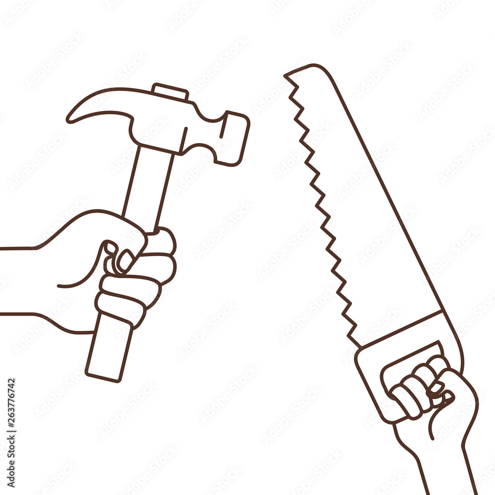 hand with saw and hammer isolated icon
