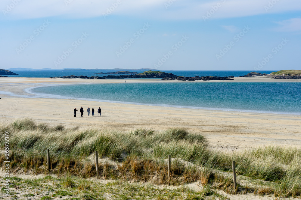 cinq personnes au loin se promènent sur une plage