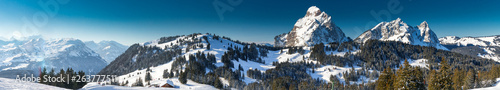 People skiing in Mythenregion ski resort, Ibergeregg, Switzerland, Europe.