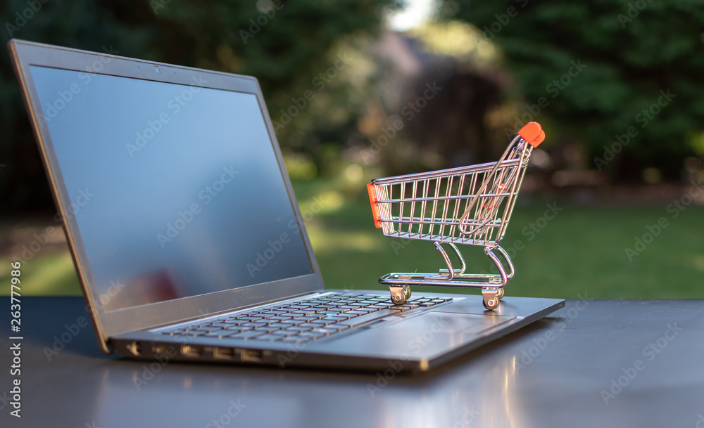 Concept of online grocery shopping. A miniature shopping cart is standing an a Notebook.