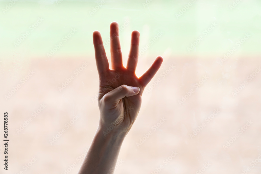 Hand of woman in number 4 gesture isolated on blurred background Hand of woman in number 4 gesture isolated on blurred background