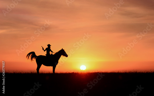 Silhouette of cowgirl with colt, horseback in prairie on sunset. Scene like wild west, film background