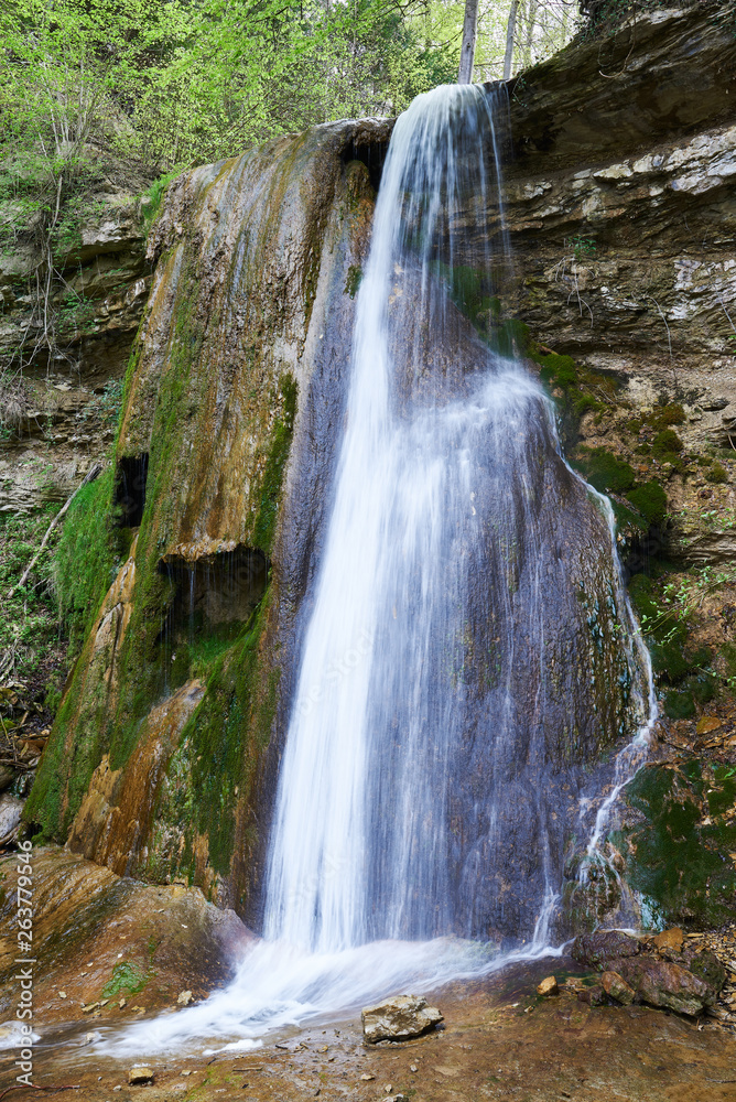 Fototapeta premium Hanggiessen Wasserfall im Erlenbacher Tobel, 12 m hohe Molassewand, verwischtes Wasser, grüne Blätter, Moos, Steine