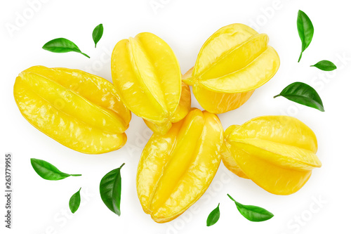 Carambola or star-fruit isolated on white background. Top view. Flat lay