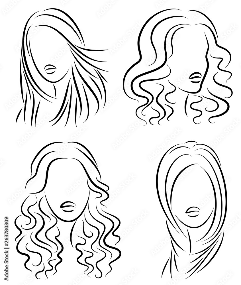 Collection. Silhouette of the head of a cute lady. The girl shows her hairstyle on long and medium hair. Suitable for logo, advertising. Set of vector illustrations