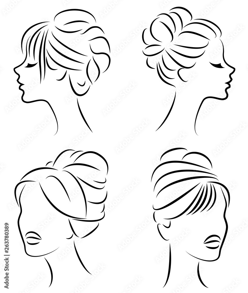 Collection. Silhouette of the head of a cute lady. The girl shows her hairstyle on long and medium hair. Suitable for logo, advertising. Set of vector illustrations Collection. Silhouette of the head of a cute lady. The girl shows her hairstyle on long and medium hair. Suitable for logo, advertising. Set of vector illustrations