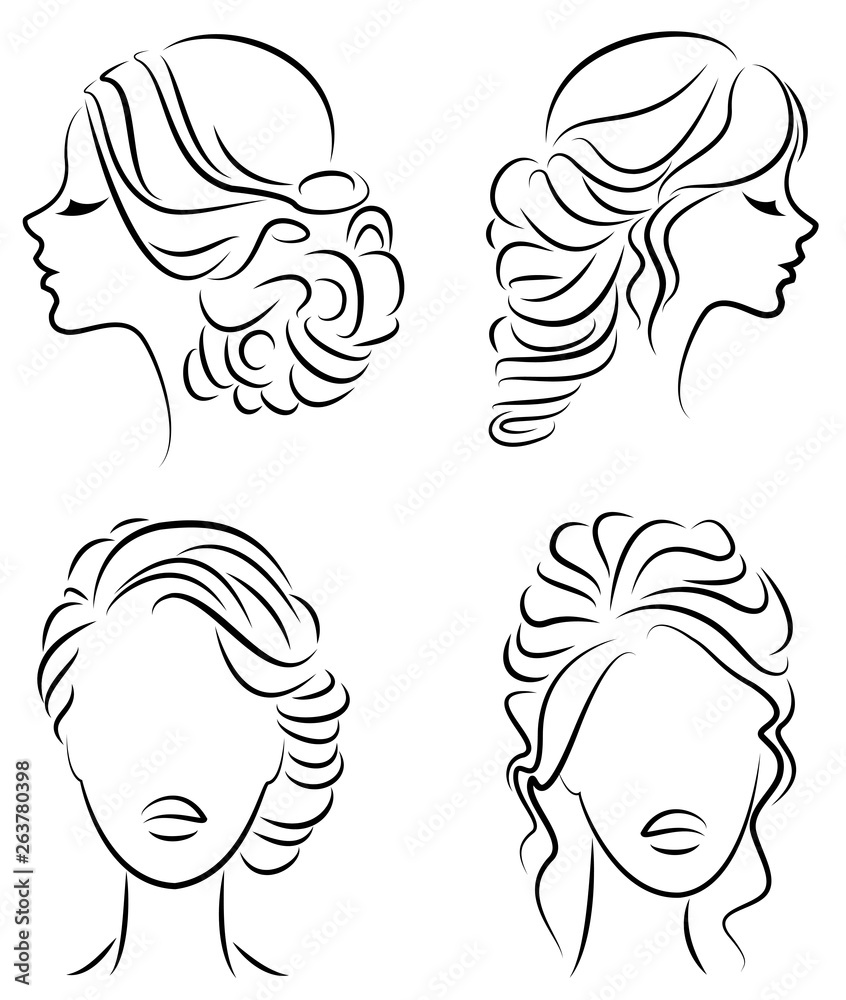 Collection. Silhouette of the head of a cute lady. The girl shows her hairstyle on long and medium hair. Suitable for logo, advertising. Set of vector illustrations Collection. Silhouette of the head of a cute lady. The girl shows her hairstyle on long and medium hair. Suitable for logo, advertising. Set of vector illustrations