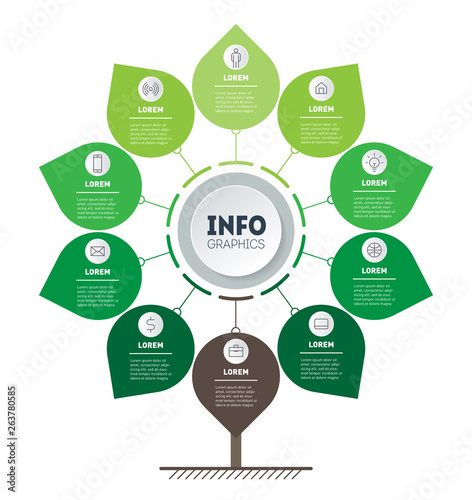 Vertical Green Timeline infographics. Tree of development and growth of the business. Time line. Eco Business concept with 10 options, parts, steps or processes.