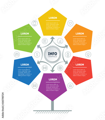 Part of the report with icons set. Vector infographic of technology or education process. Business concept with 6 options. Web Template of a circle infochart, diagram or presentation.