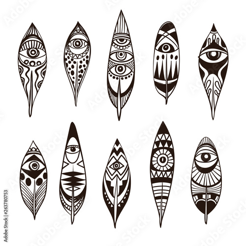 Decorative Ethnic Feathers with Eyes and Tribal Ornament