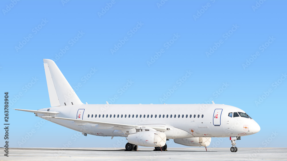 modern airplane parked on airport runway isolated on blue sky background side view of white jet engine passenger aircraft preserved on apron with plane parts gear engine intake air sensors secured