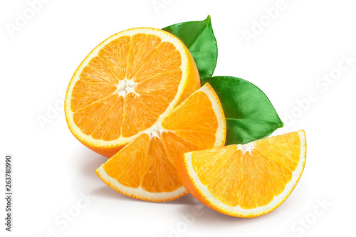 orange fruit half with leaves isolated on white background