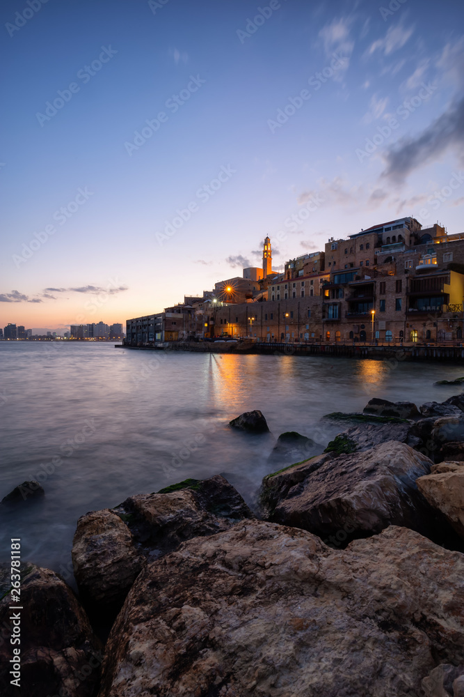 Beautiful view of a Port of Jaffa during a colorful sunrise. Taken in Tel Aviv-Yafo, Israel.