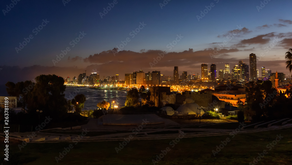 Panoramic view of a modern downtown city during a sunrise. Taken in Jaffa, Tel Aviv-Yafo, Israel,