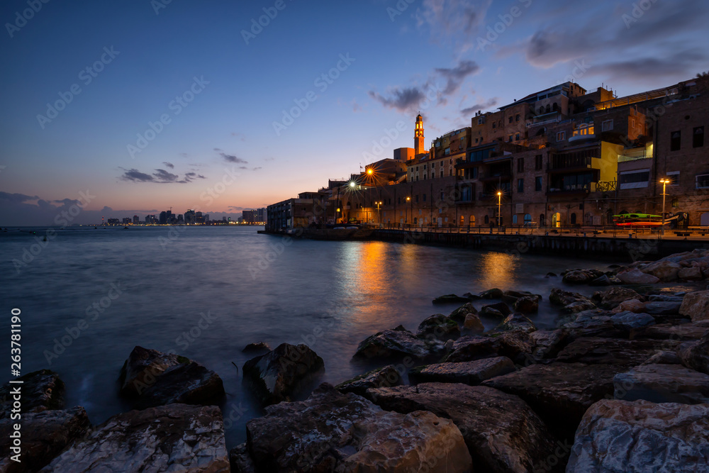 Beautiful view of a Port of Jaffa during a colorful sunrise. Taken in Tel Aviv-Yafo, Israel.