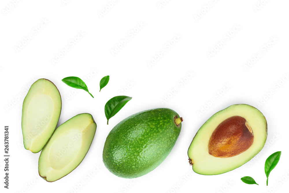 avocado and slices isolated on white background. Top view. Flat lay avocado and slices isolated on white background. Top view. Flat lay