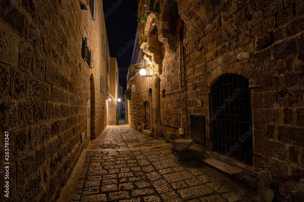 Night view in the alley ways at the Historic Old Port of Jaffa. Taken in Tel Aviv, Israel.