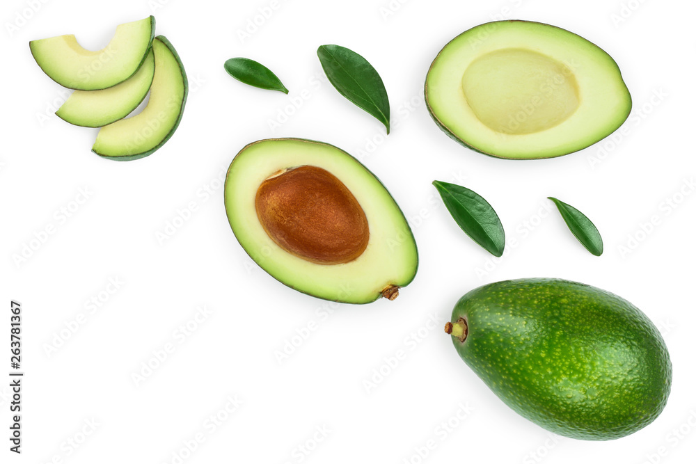 avocado and slices isolated on white background with copy space for your text. Top view. Flat lay avocado and slices isolated on white background with copy space for your text. Top view. Flat lay