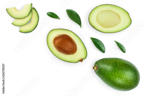 avocado and slices isolated on white background with copy space for your text. Top view. Flat lay