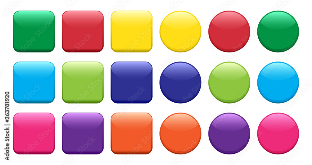Colorful set of buttons, square and round shape. Vector illustration