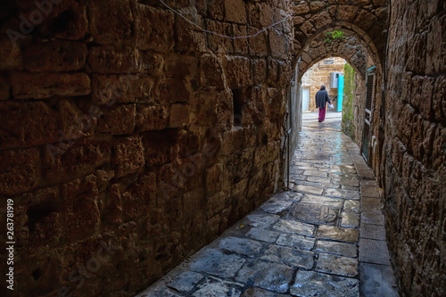 Dark and Narrow streets in the Old City of Akko. Taken in Acre  North District  Israel.