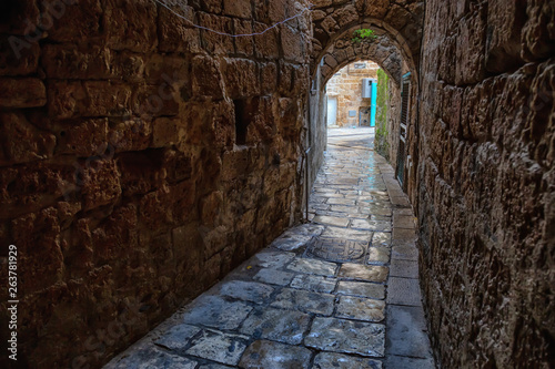 Dark and Narrow streets in the Old City of Akko. Taken in Acre  North District  Israel.