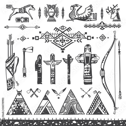 Doodle Drawings of Tribal Symbols and Artifacts