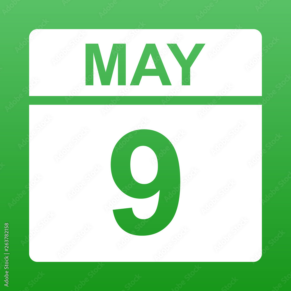 May 9. White calendar on a colored background. Day on the calendar. Green background with gradient. Simple vector illustration.