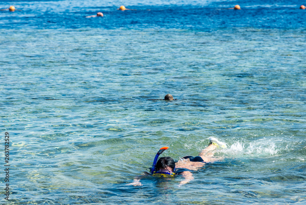 Travel and leisure, a girl with black hair, in a mask with a pipe snorkels