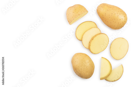 Young potato isolated on white background. Harvest new. Top view. Flat lay, Set or collection