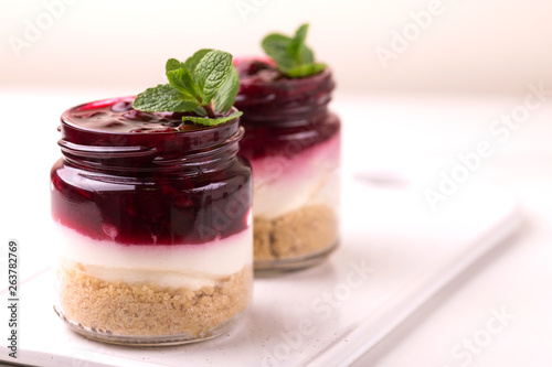 Cherry bisquit dessert with ricotta, mint. Yogurt cheesecake breakfast