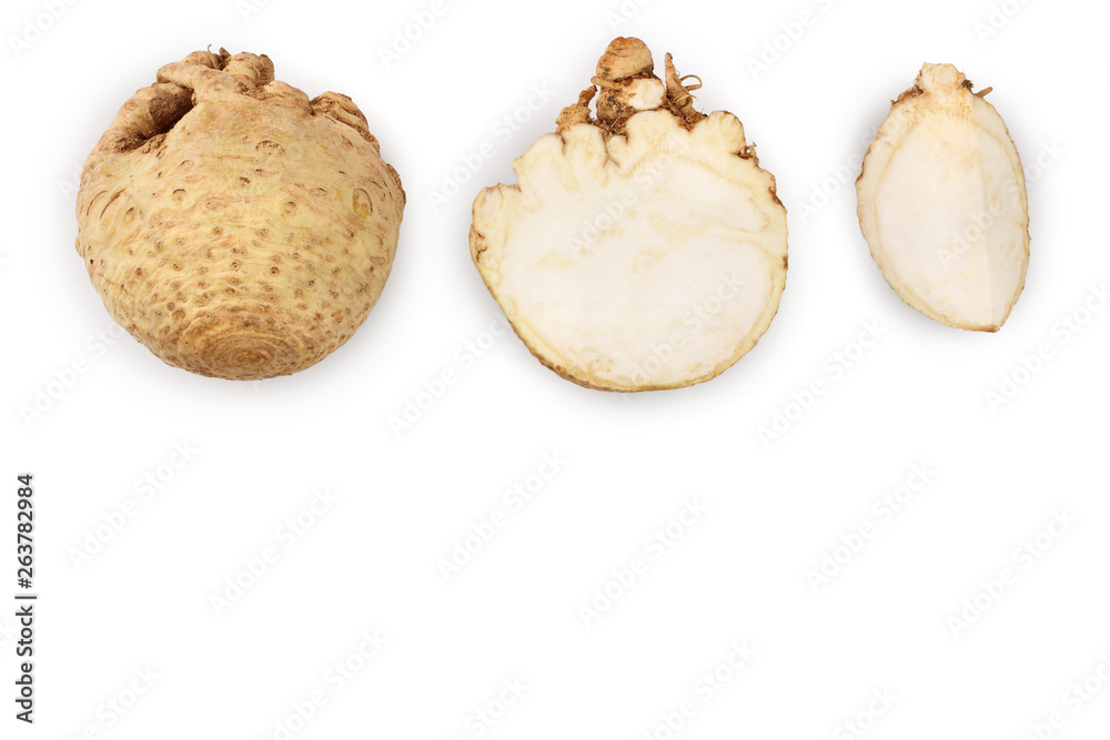 Fresh celery root isolated on white background. Top view. Flat lay.