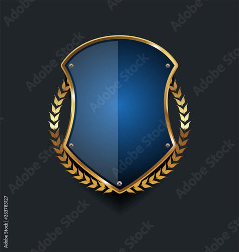 Golden shield and laurel wreath retro design 